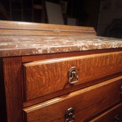 Antique 3 Drawer Side Table With Marble Top