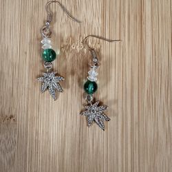 Plant dangling earring cannabis plant green beads #cannabisplant #fairycore #greenearrings