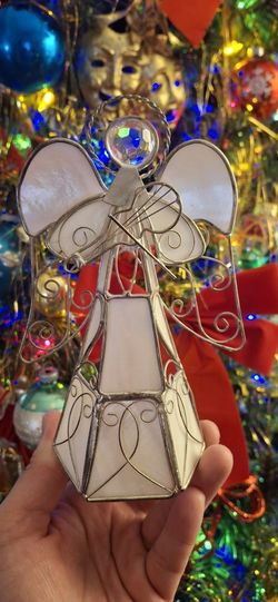 Stained Glass Angel Tea Light Candle Holder Gold & White Violin Holiday