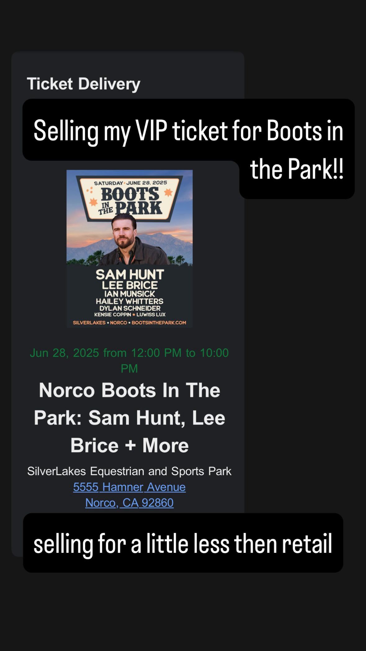 Norco VIP Boots In The Park Ticket