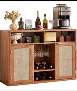 Brand New Rattan Coffee Bar Cabinet with Wine Rack