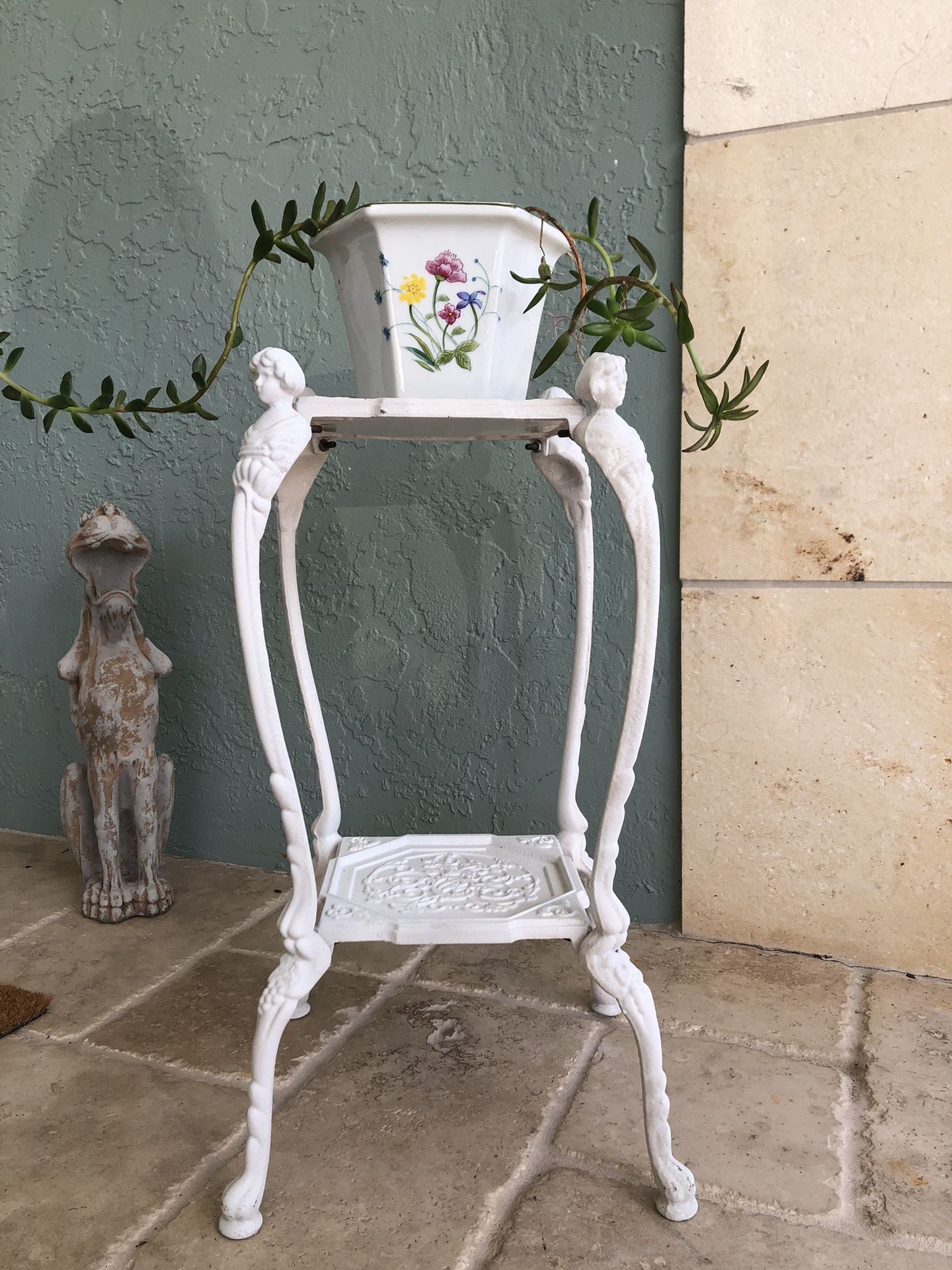 Vintage French Cast Iron Art Nouveau Style Patio/Garden Plant Stand 2 Tiers