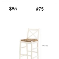 #74: $85, 1 Stool. Home Decorators Collection Dorsey Ivory Wood Bar Stool with Back and Rush Seat (17.72 in. W x 44.49 in. H)