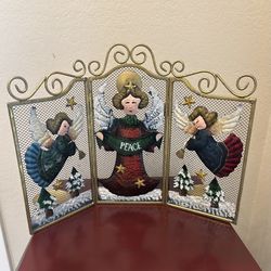 Vintage Folk Art Christmas Angels Hand Painted 3 Panel Hinged Metal Screen Candle Holder