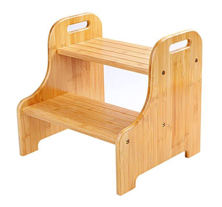Bamboo 2 Step Stool with Non-Slip Step Treads and 2 Cutout Handles