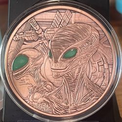 Extraterrestrial Life Alien 5 oz Pure Copper Round (.999 Fine) • Reverse Proof with UV Glow Green Eyes • Coin in Protective Capsule
