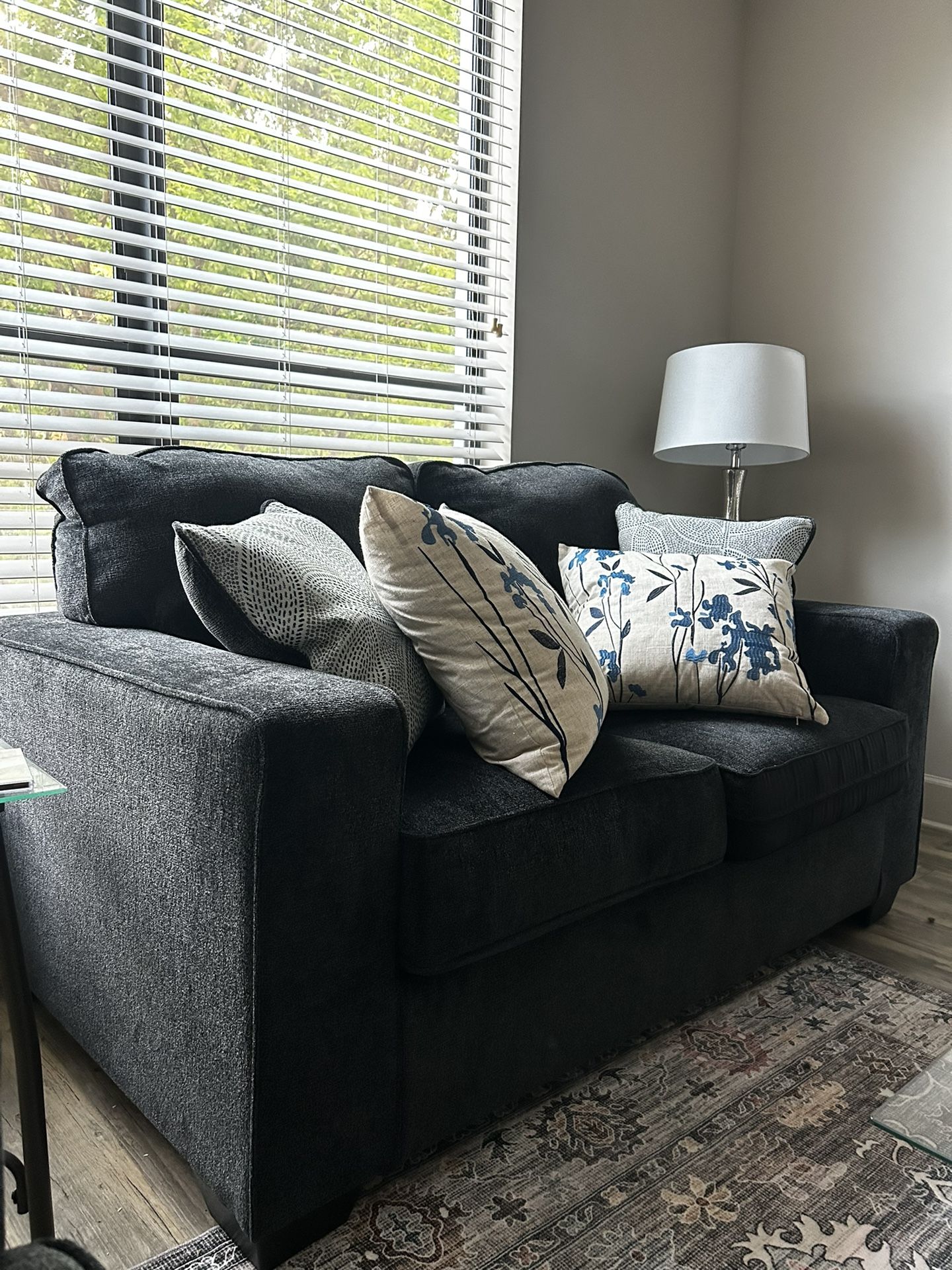 Modern Dark Charcoal Loveseat w/ Accent Pillows