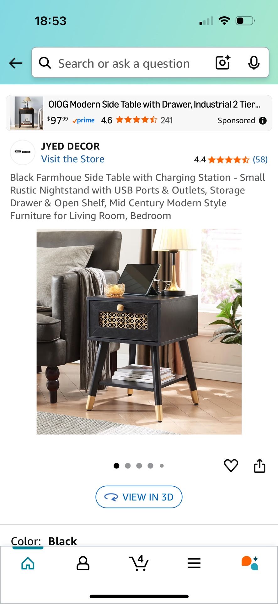 Black Farmhoue Side Table with Charging Station - Small Rustic Nightstand with USB Ports & Outlets, Storage Drawer & Open Shelf, Mid Century Modern St