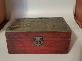 Vintage Red Wooden Jewelry Box With Cherub Design on Top