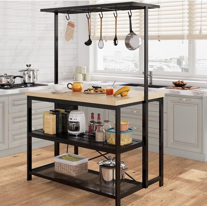 Ideal house Kitchen Island with Storage, Bakers Rack with Power Outlet, Island Table for Kitchen,3 Tier Microwave Stand Oven Shelf,Large Coffee Bar