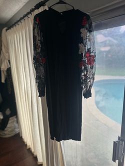Large- Black Midi Dress with Floral Mesh Sleeves