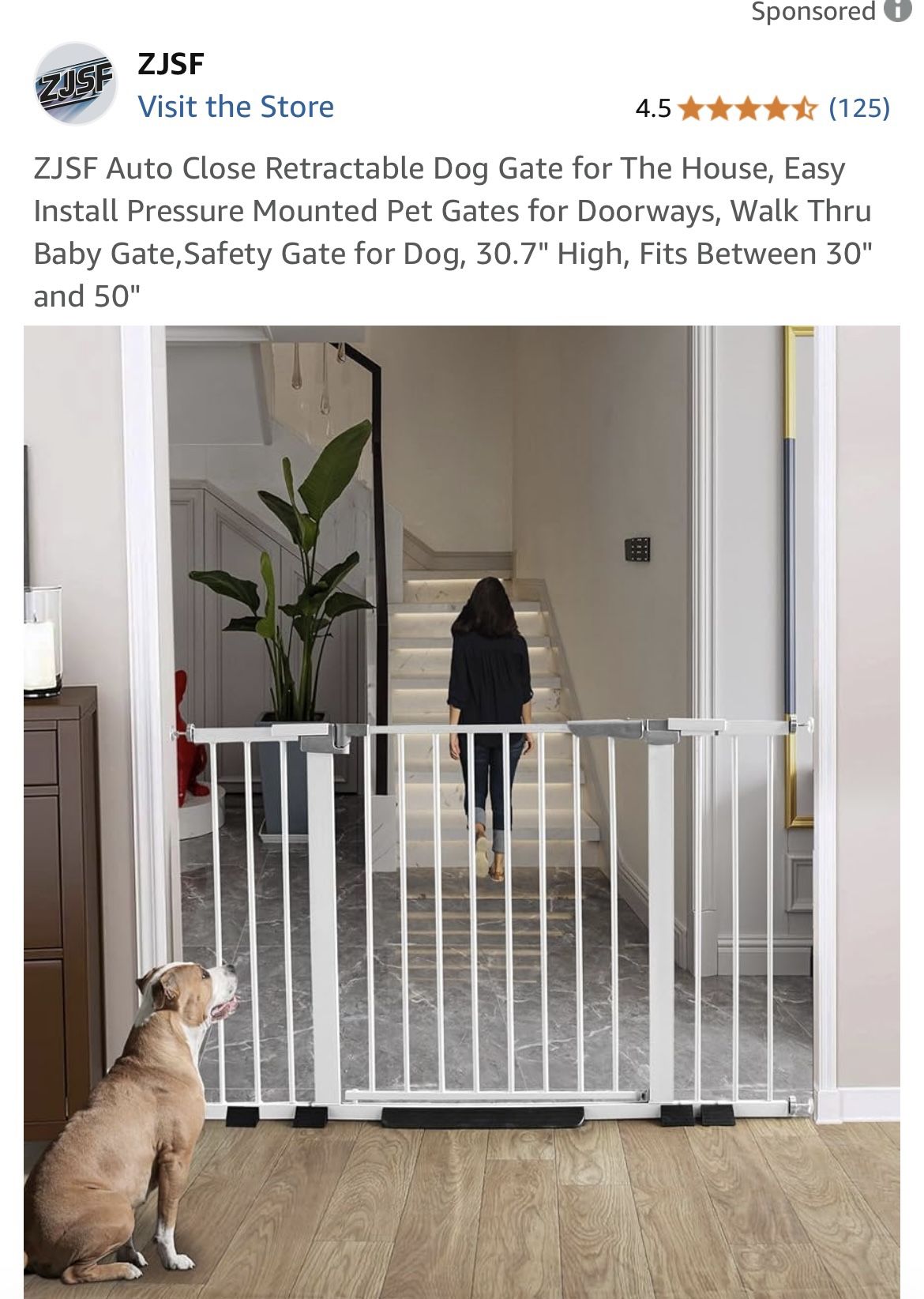 ZJSF Auto Close White Metal Baby Pet Gate Pressure Mount Fits Between 30" and 50" Walkways White New