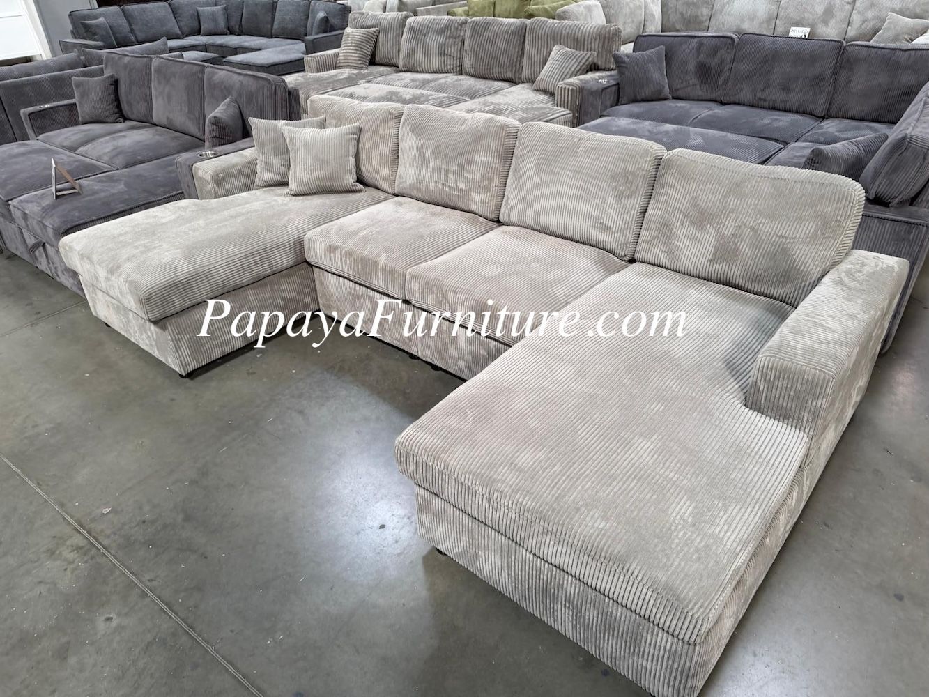 NEW Large U Shape Sectional Sofa with TWO Chaise Lounge Set Double Lounger Ashley Style Big Discount Modern Furniture Warehouse SALE Light Grey Fabric