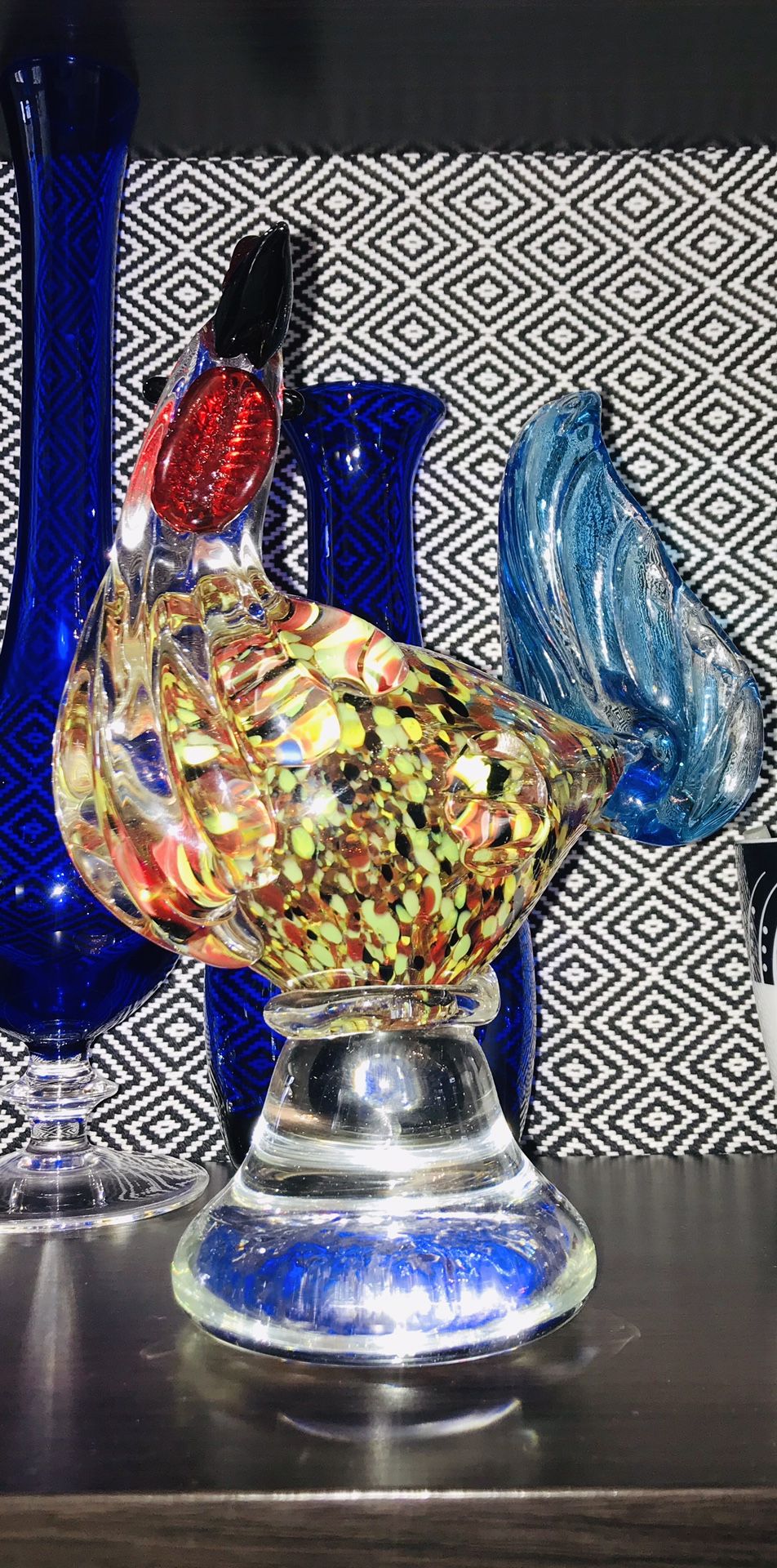 Colorful Glass Statue Rooster Bird Blue Yellow Red Black Colorful Decor Collectible