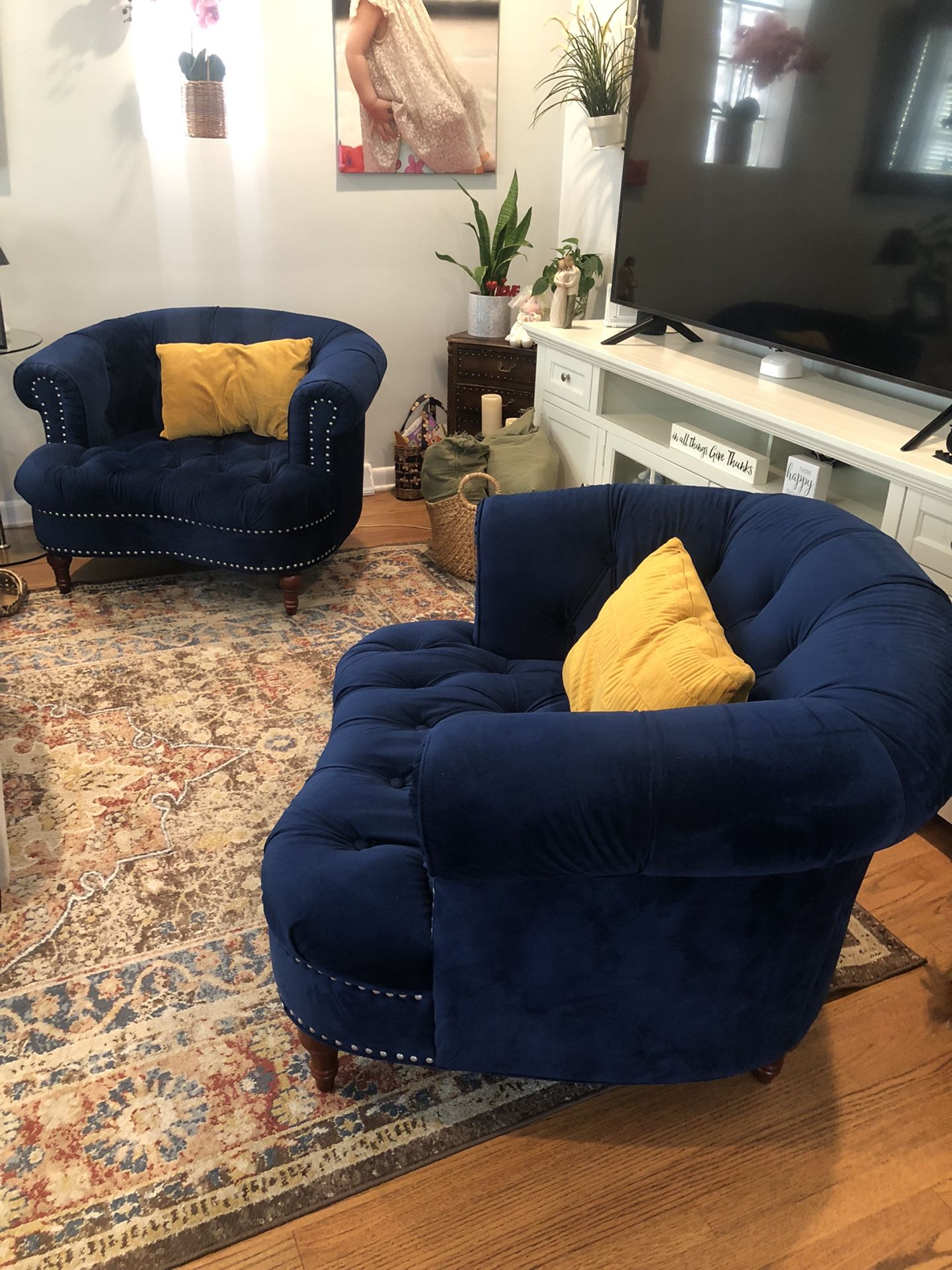 2 Navy Blue Velvet Armchairs - $800 for Both