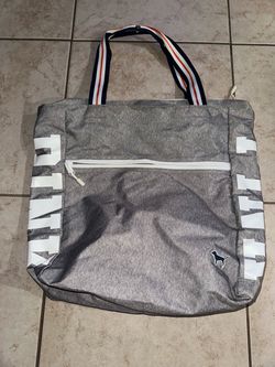 Victoria’s Secret PINK Gray Oversized Tote Bag Varsity Stripe Handles Logo Gym Travel