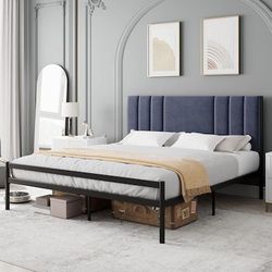 Full-Size Bed Frame with Velvet Headboard