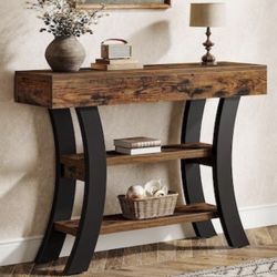 Tribesigns 41-Inch Small Console Table for Entryway, 3-Tier Narrow Rustic Sofa Table with Storage Shelves and Curved Frame for Living Room, Entryway, 