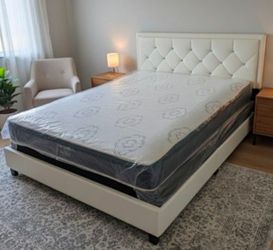 Queen Bed Frame Diamond Headboard faux leather upholstery platform bed frame with Slats queen Size Mattress included Free Delivery