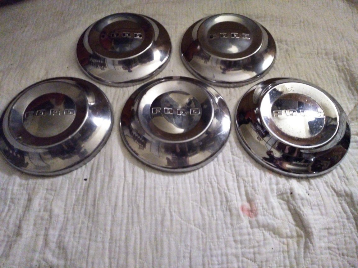 (5) VINTAGE 10.5" 1950s-1960s FORD DOG DISH HUBCAPS