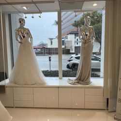 Long custom made marble white window display tables w/ cabinets and drawersi (4 in stock)