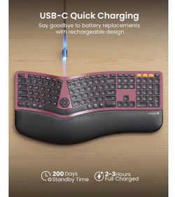 ProtoArc EK01 Plus Backlit Bluetooth Ergonomic Keyboard, Full Size, Red Adjustable brightness, split design, cushioned wrist rest, connect 3 devices v