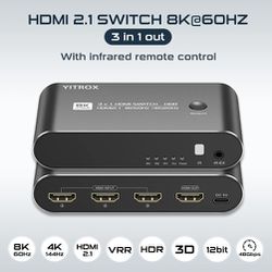 HDMI 2.1 Switch 8K@60Hz, 4K@144Hz, 4K@120Hz, HDMI Switcher 3 in 1 Out, Aluminum Shell, Compatible with PS4/PS5, Xbox, Fire Stick, Apple TV, Roku, HD T