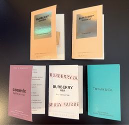 Sample size Burberry Goddess, Burberry Her, Cosmic by Kylie Jenner, and Tiffany and Co. Perfume