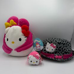 Hello Kitty Squishmallow, Ty Beanie Boo, and Hat