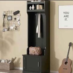 Minimalist Black Hall Tree with 6 Hanging Hooks, Storage Cabinet and Shelves