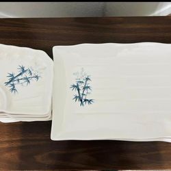 Blue bamboo melamine plates and dumpling plates with sauce compartment