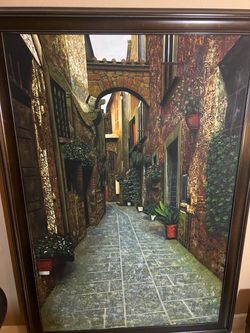 Large Framed Italian Alley Street Scene Painting