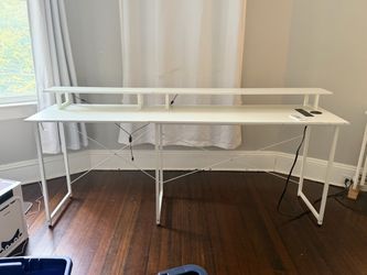 Large White Gaming/Computer Desk w/ LED Lights & Built-In Outlet