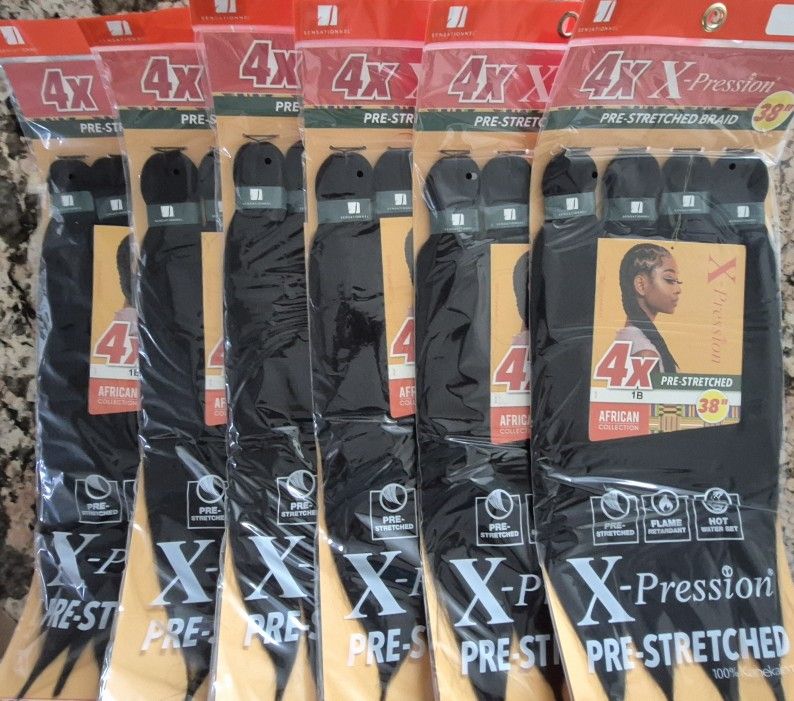 SIX PACKS of "X~PRESSION" Brand 4X PRE~STRETCHED 38 inch HAIR [African Collection] ..... COLOR is 1B
