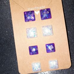 Faux iridescent white opal and purple silver glitter studs earrings set new handmade 
