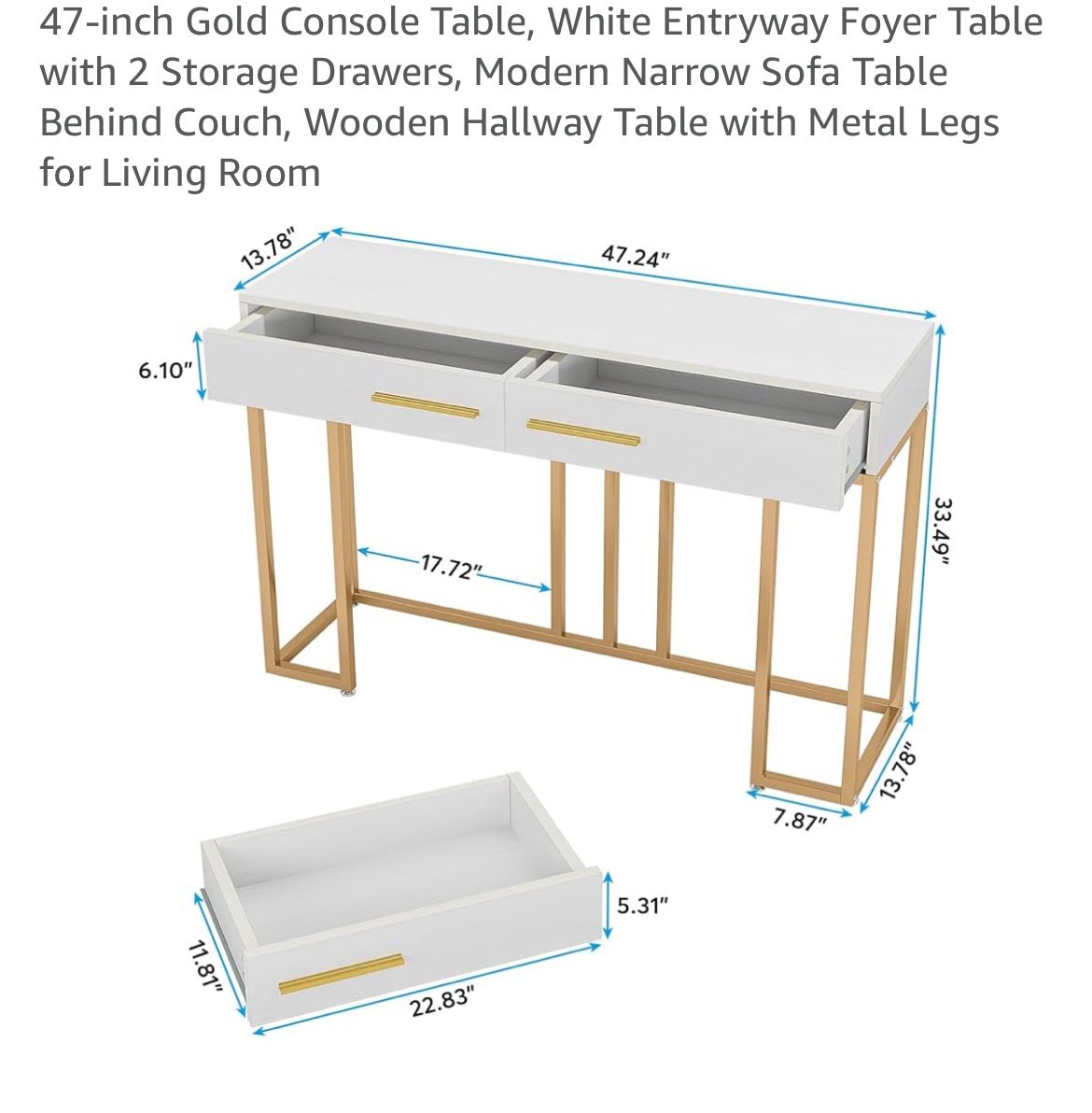 47-inch Gold Console Table, White Entryway Foyer Table with 2 Storage Drawers, Modern Narrow Sofa Table Behind Couch, Wooden Hallway Table with Metal 