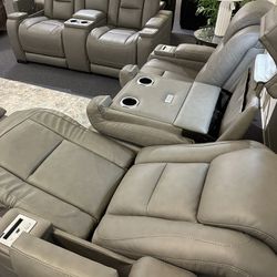 🔥HOT BUY🔥 The Man-Den Real Leather Triple Power Reclining Sofa and Loveseat Set, Gray