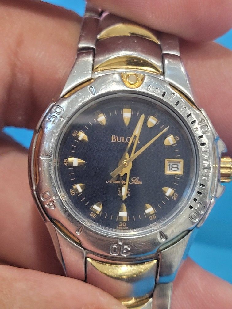 Bulova Ladies Two Tone Marine Star Watch 98U08 blue dial day at 3 fresh