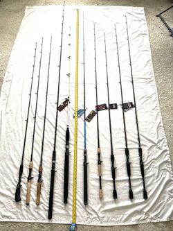 Mostly brand new some preowned 5.6ft to 8.6ft bait, caster fishing rods.