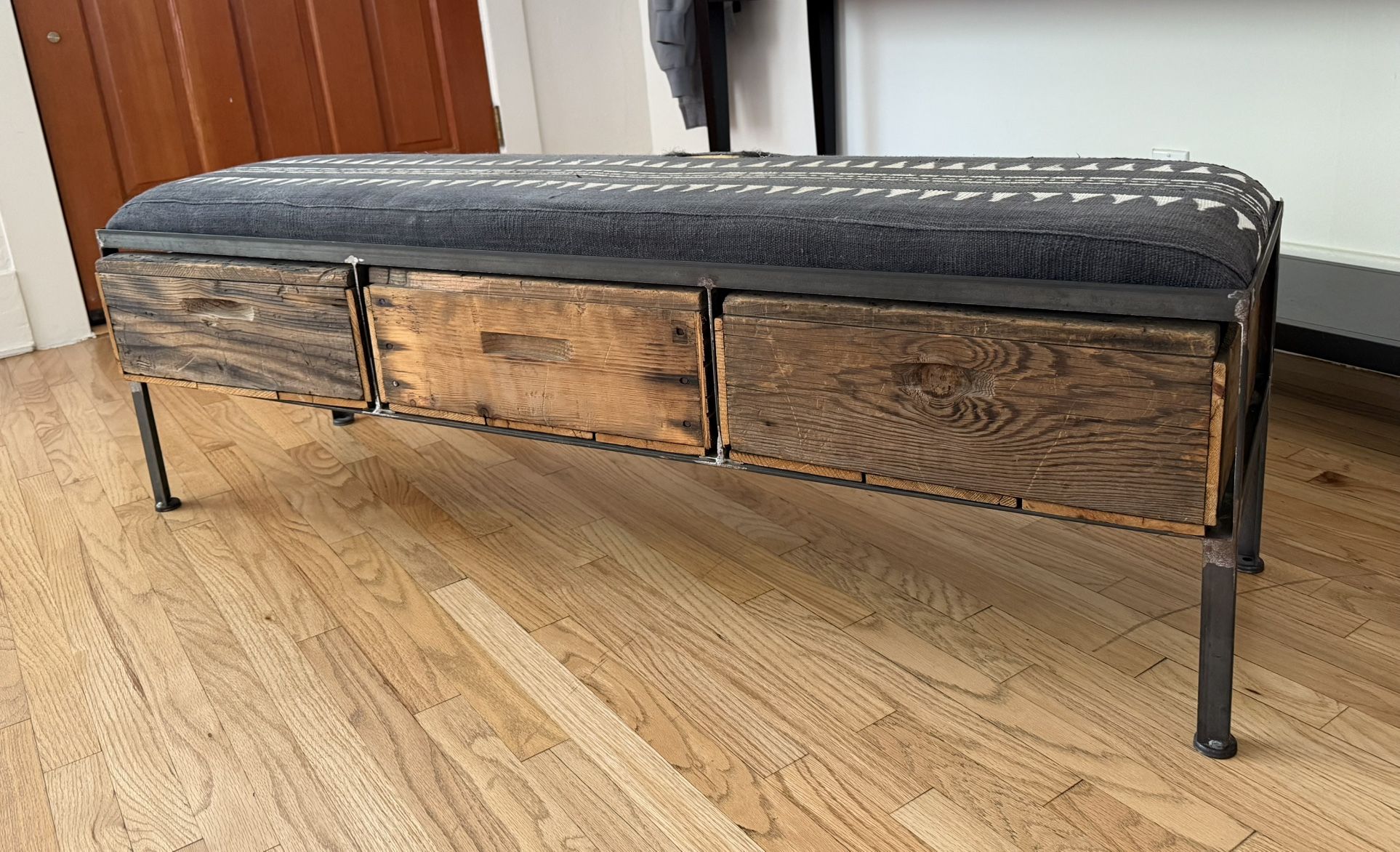 Mixed Metal, Wood And Fabric Bench With Storage