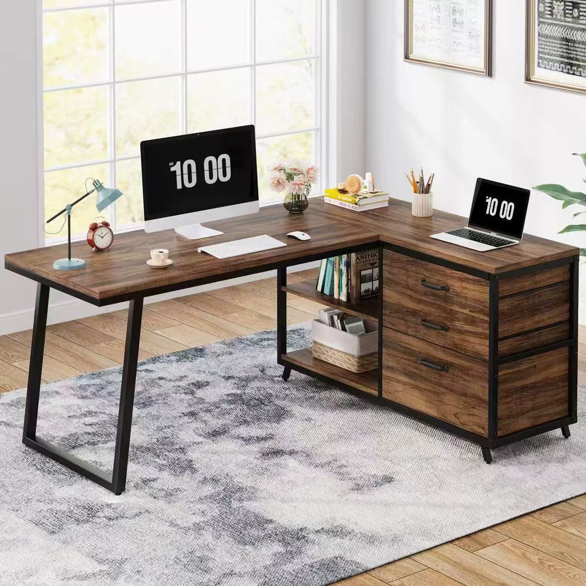 53" Reversible L-Shaped Computer Desk With 3 Drawers & Shelves $100