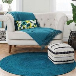 ✨️ R11#13 ($65) 5' Round Solid Braided Jute Area Rug Teal Blue - Opalhouse™📍MA1