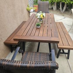 5pc Wood Patio Dining Set/wood Table And 2 Benches, +2 Wicker Chairs/Outdoor Furniture/Cash Only 