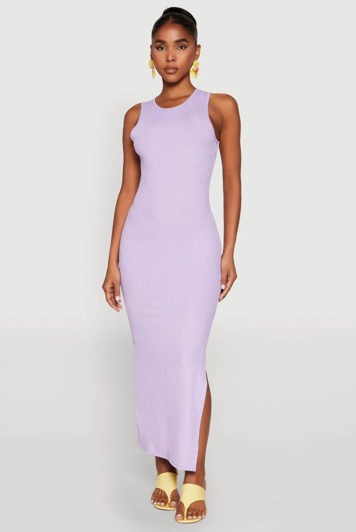 Flattering Ribbed Knit Lavender Maxi Tank Dress