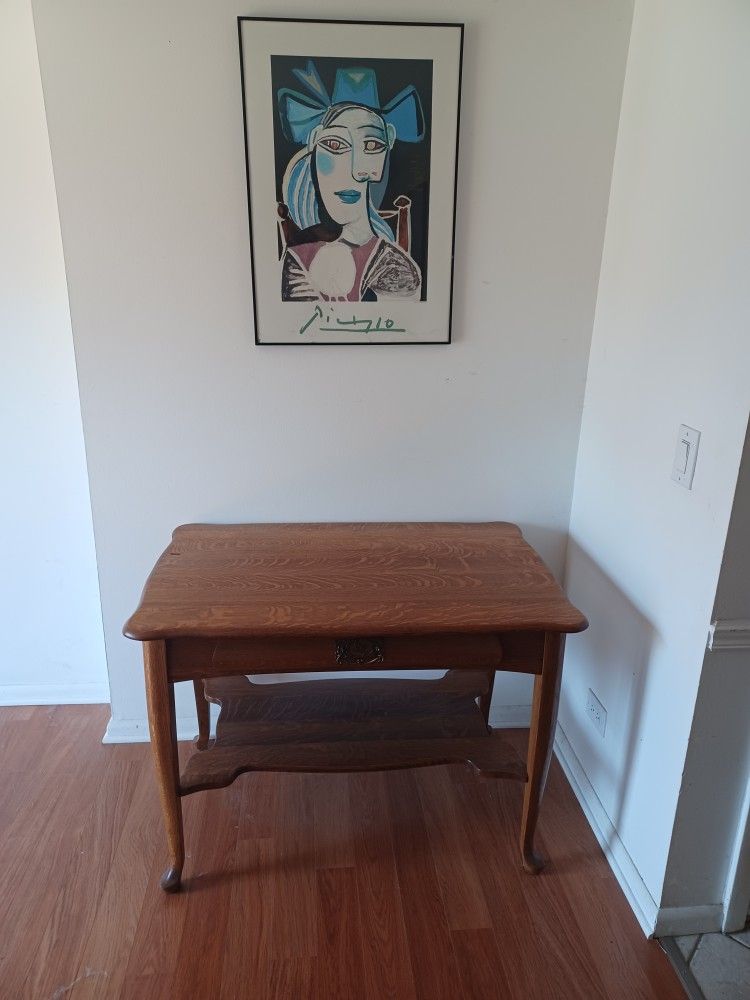 Antique Quarter Sawn Oak Library Table/ Desk with drawer and shelf.