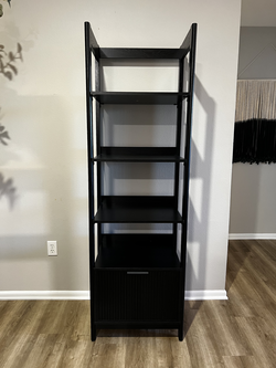 Tall Black Bookshelf with Drawer – Modern Wood