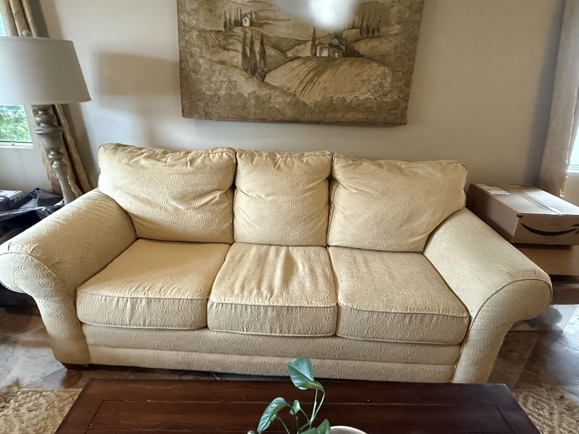 Beautiful Cream/Pale Yellow Basset, Three Cushion Couch