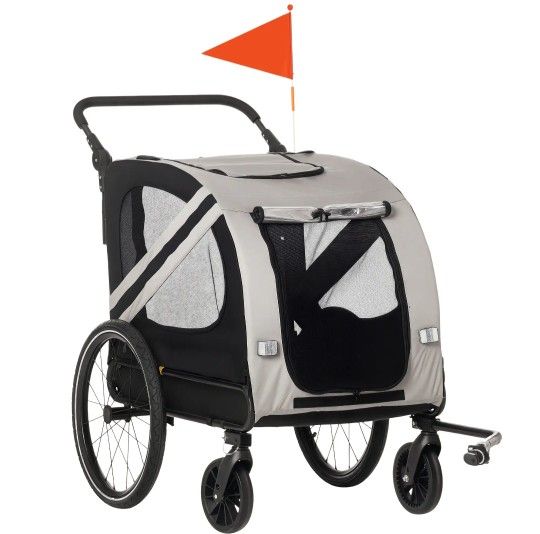 Aosom 2-in-1 Pet Bike Trailer for Small Dogs, Road-Visibility Dog Stroller Bicycle Carrier, Weather-Strong Bike Wagon Trailer Sidecar Attachment, Gray