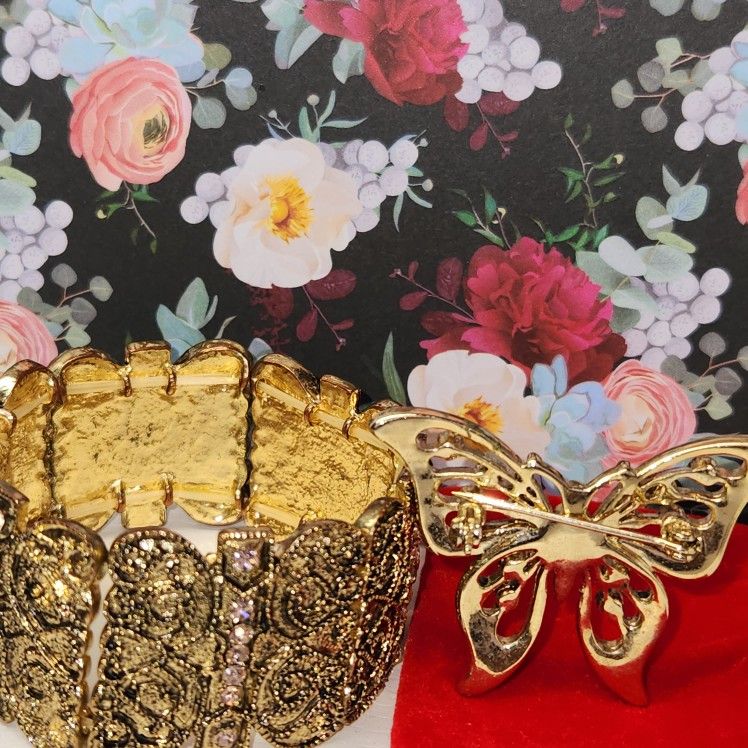 #2446, MID-CENTURY FILIGREE AND RHINESTONES, BRACELET AND BROOCH