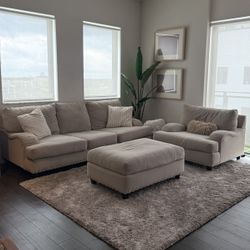 Beige Kevin Charles Fine Upholstery Couch With Love Seat & Ottoman